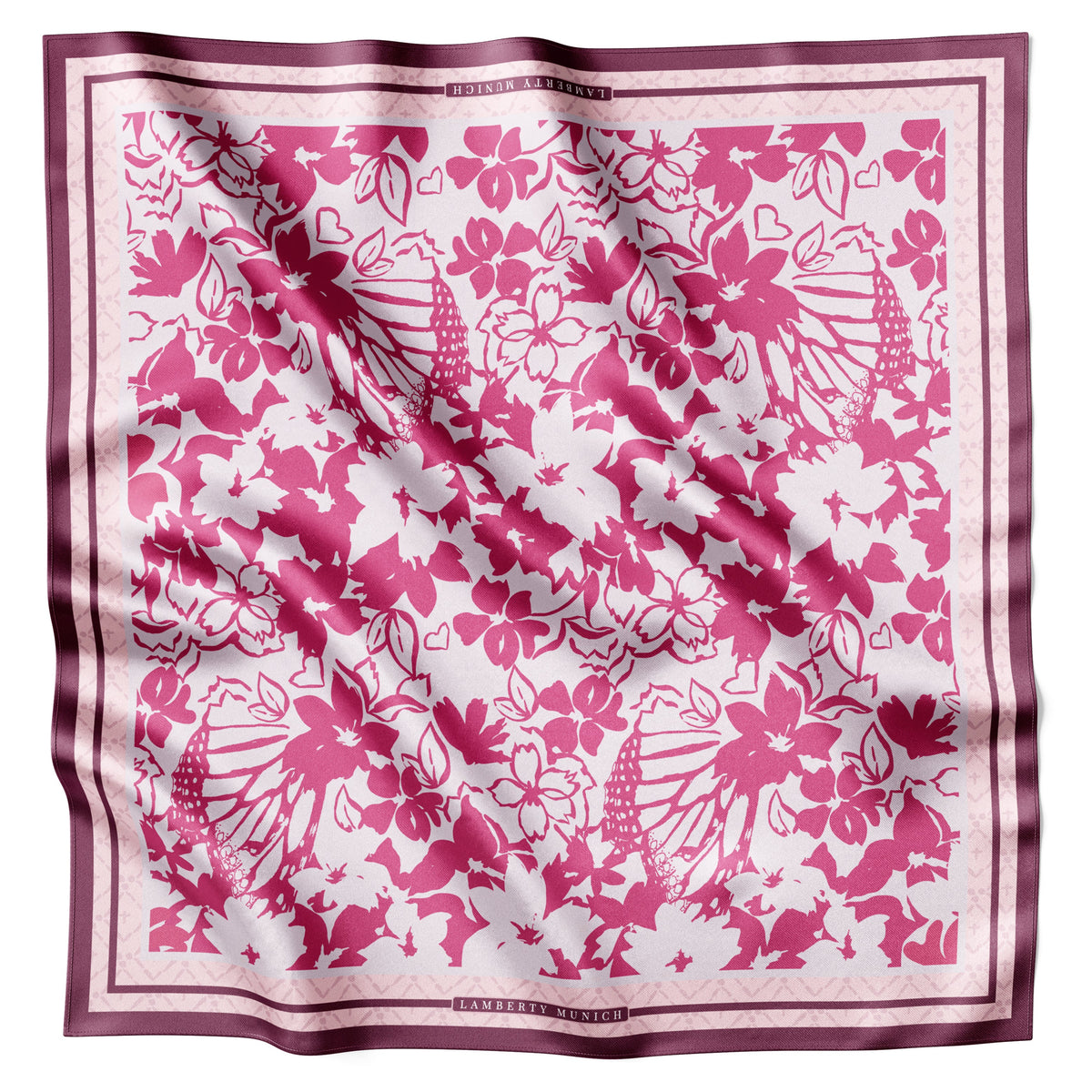 Soft pink Spring Florals In Bloom silk scarf laid flat with lino-cut blossoms and a burgundy border