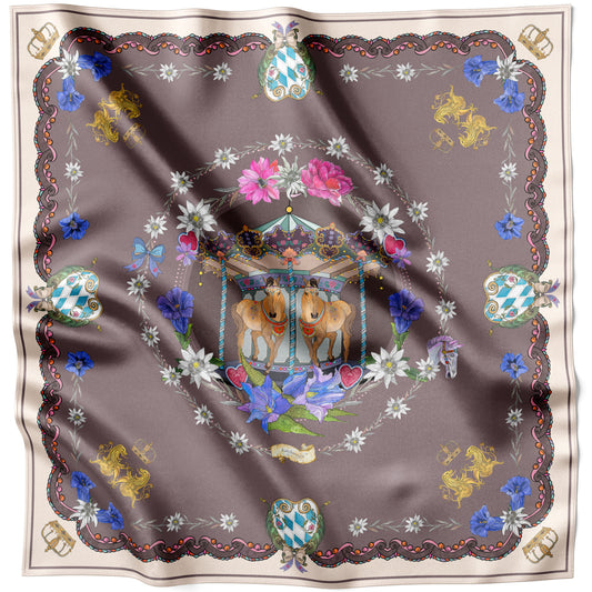 Brown Carousel Horses silk scarf 90 × 90 cm laid flat with the scalloped border visible