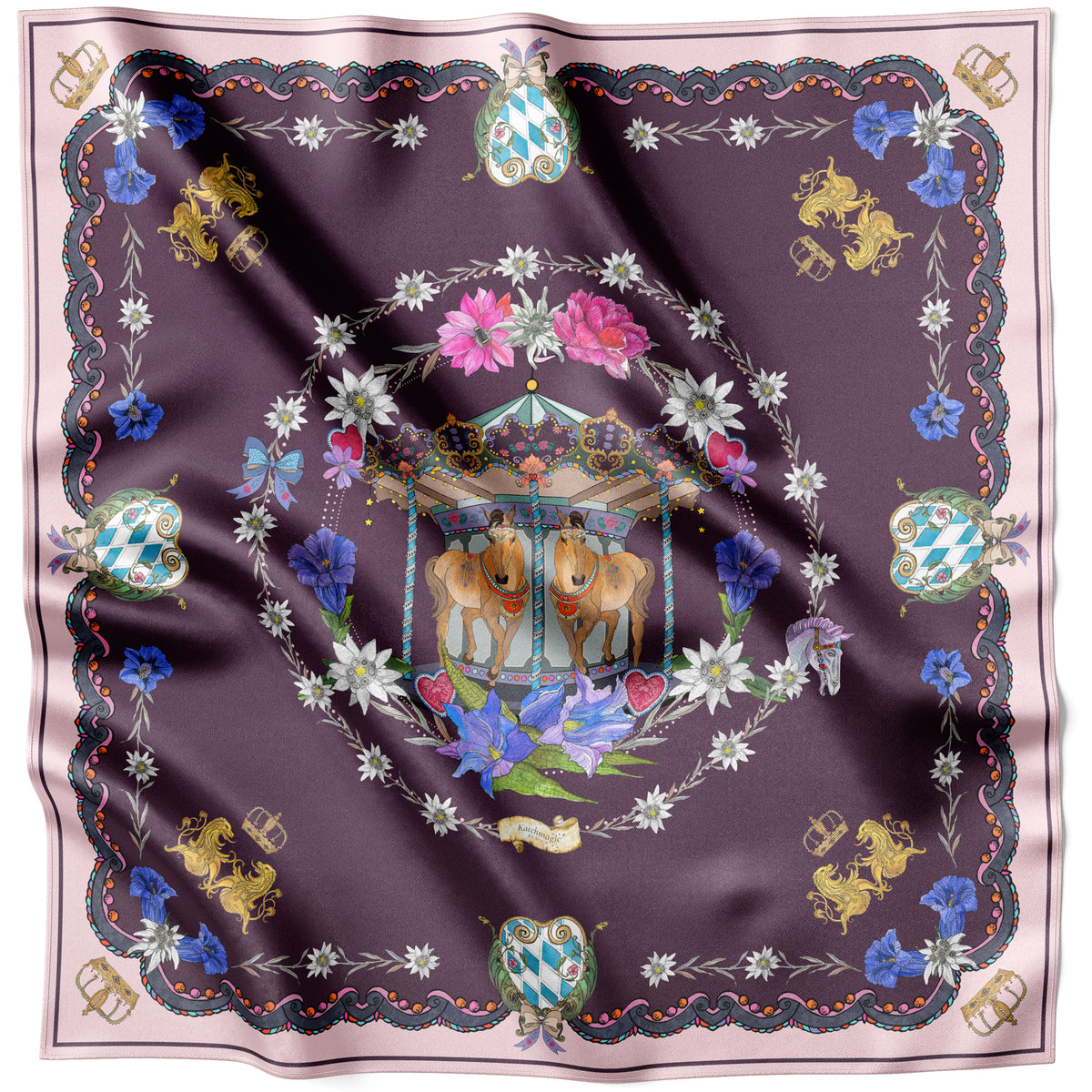 Purple Carousel Horses silk scarf 90 × 90 cm laid flat with the scalloped border visible