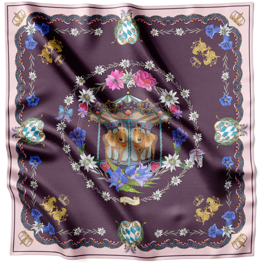 Violettes Carousel Horses Seidentuch 90 × 90 cm flach ausgelegt mit gebogener Bordüre