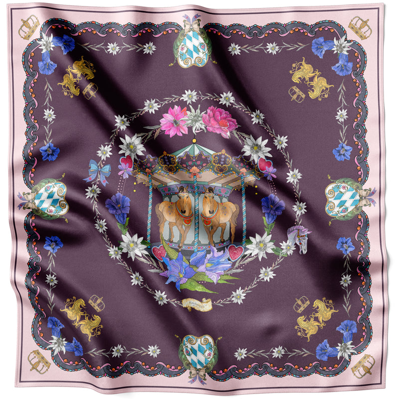 Violettes Carousel Horses Seidentuch 90 × 90 cm flach ausgelegt mit gebogener Bordüre