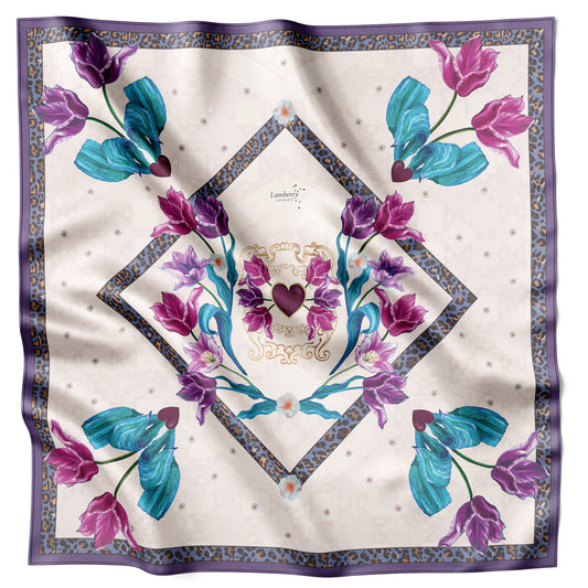 Beige Royal Tulips silk scarf 90 × 90 cm laid flat with the inner diamond frame visible