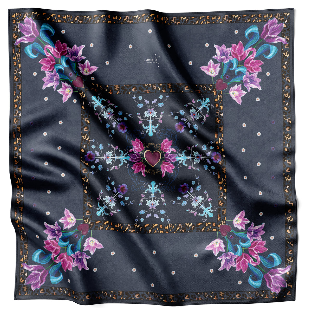 Marineblaues Royal Tulips Seidentuch 90 × 90 cm flach ausgelegt mit Tulpenmotiv und Bordüre