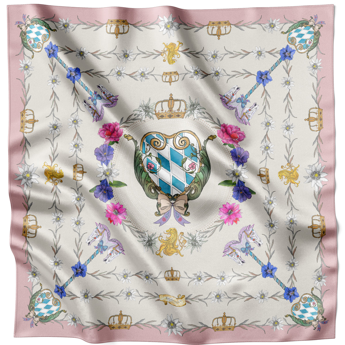 Blush The Mystical Edelweiss silk scarf 90 × 90 cm laid flat with the rose-toned border