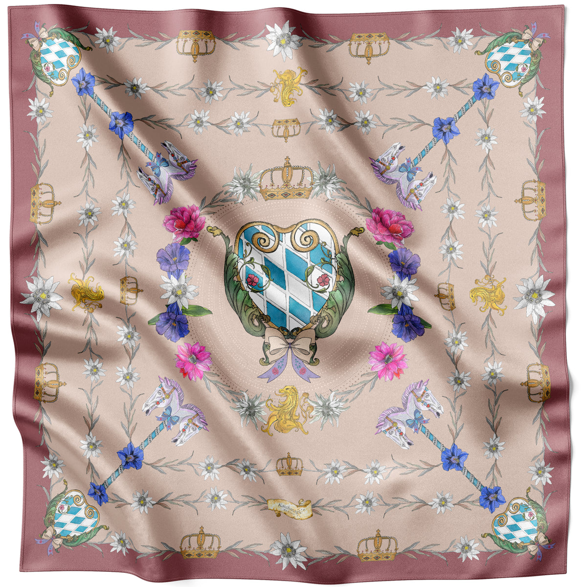 Brown The Mystical Edelweiss silk scarf 90 × 90 cm laid flat with the crest and flower design