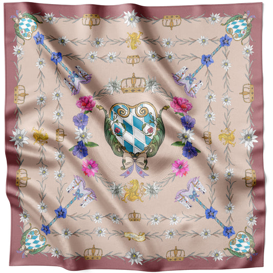 Braunes The Mystical Edelweiss Seidentuch 90 × 90 cm flach ausgelegt mit Wappen- und Blütenmotiv